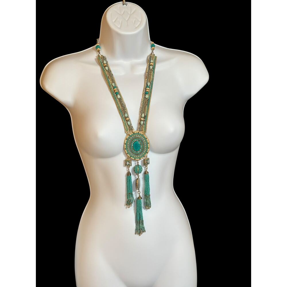 CHICO'S Boho Statement Necklace – Turquoise Fringe Tribal Beaded Medallion - Picture 2 of 13